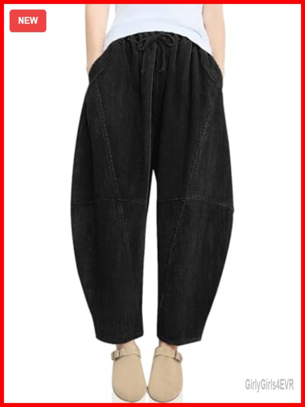 Corduroy Harem Pants Baggy Wide Leg Elastic Waist Side Pockets
